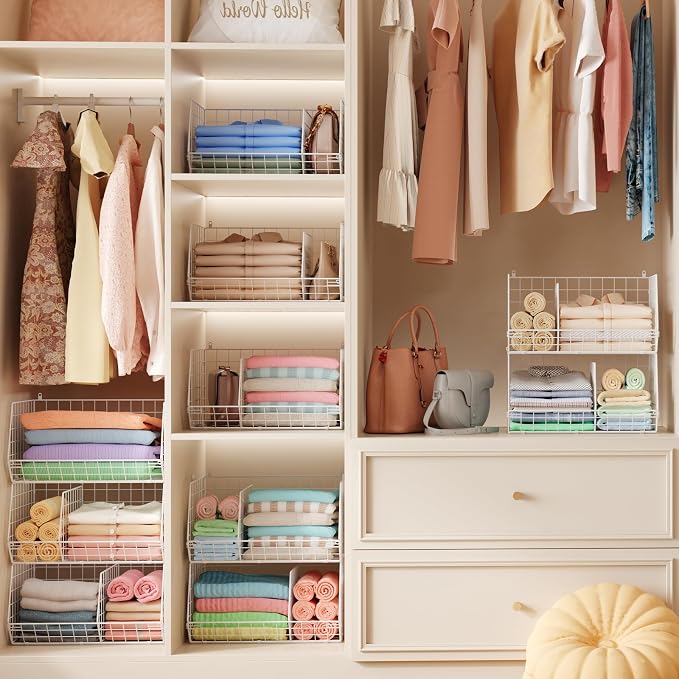 3 Tier Extra Large Closet Hanging Shelves with Divider, 16.5"L x 11.8"W x 33.6"H Closets Organizers and Storage with 5 S Hooks, Clothes Organizer for Sweaters Shoes Handbags Clutches Accessories-White
