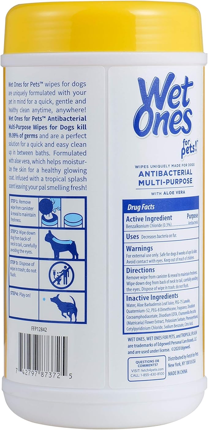 Wet Ones for Pets Antibacterial Dog Wipes, Multi-Purpose Grooming Wipes with Aloe Vera for Paws, Face & Body, Easy Cleanups Between Baths, Tropical Splash Scent, 5.7 in x 7.5 in, 50 Count - 3 Pack