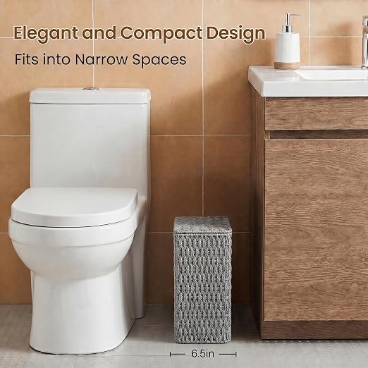 Wicker Trash Can,3 Gallon Bathroom Trash Can with Lid,Handwoven Paper Rope Rattan Waste Basket with Removable Liner and Built-in Handles for Bedroom,Toilet,Narrow Spaces,Grey