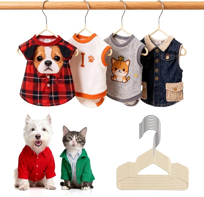 24 Pcs Dog Clothes Hangers 7.24 Inch Beige Metal Pet Clothes Hangers, Cat Clothing Hangers, Pet Clothing Holders Coat Hangers for Small Pet Such as Dog & Cat Costumes