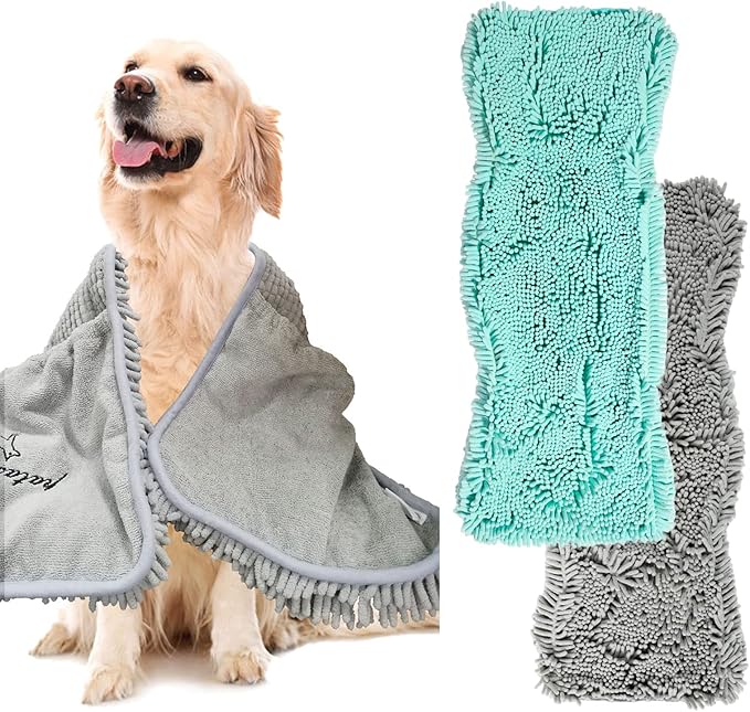 Patas Lague 2 Pack Absorbent Dog Towel for Drying Dogs Large, 35''x15'' Extra Large Microfiber Quick Drying Pet Bath Towel with Hand Pockets, Machine Washable Pet Shammy Grey Aqua