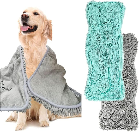 Patas Lague 2 Pack Absorbent Dog Towel for Drying Dogs Large, 35''x15'' Extra Large Microfiber Quick Drying Pet Bath Towel with Hand Pockets, Machine Washable Pet Shammy Grey Aqua