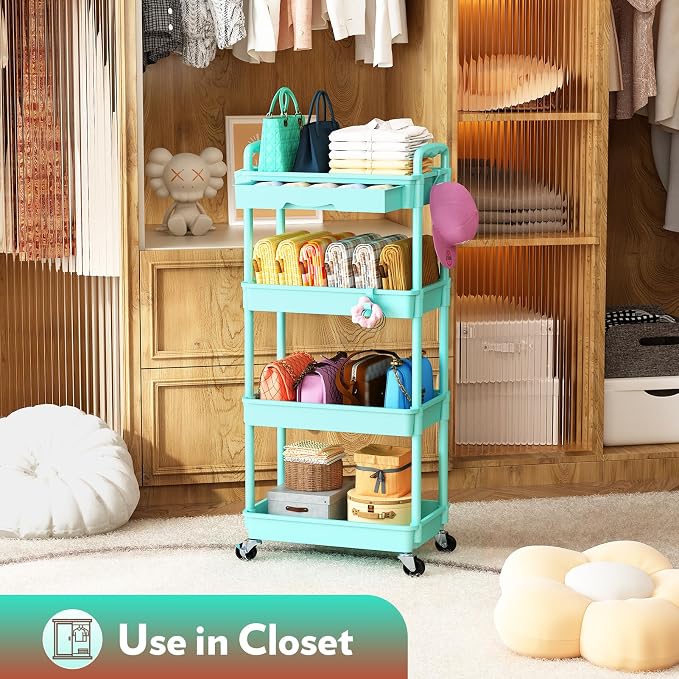 SUNALLY Makeup Cart Organizer with Drawer, 4 Tier Rolling Makeup Cart, Blue | Rolling Vanity Storage for Skin Care Perfume Nail Polish, Floor Skincare Organizers Cosmetics Display Bathroom Storage Cart