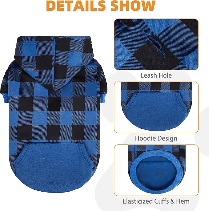 KOOLTAIL Plaid Dog Hoodie Pet Clothes Sweater with Hat and Pocket for Small Medium Large Size Dogs, Soft Winter Warm Dog Cold Weather Coat, Fleece Fall Dog Hooded Sweatshirt for Puppy Cats, Blue S