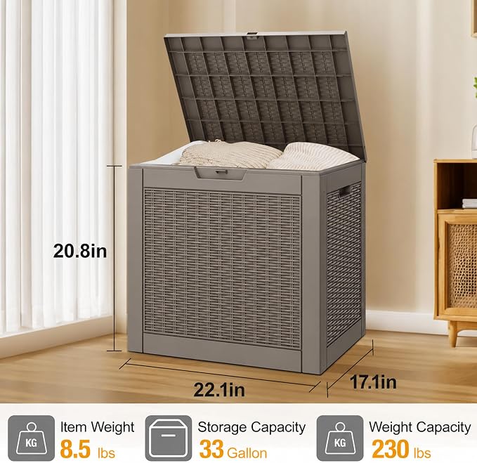 33 Gallon Outdoor Storage Box Waterproof Deck Box for Patio | Gray, Resin, Small, Weatherproof, Lockable, Compact, Easy Assembly, Patio Pool Garden Accessories Storage, Organization