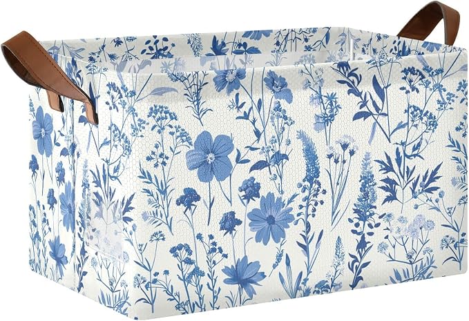 Blue Botanical Floral Wildflower Storage Bins for Shelves with Labels&Handles Fabric Organizer Bin Foldable Rectangle Storage Basket Boxes for Closet, Bathroom, Home, Living Room