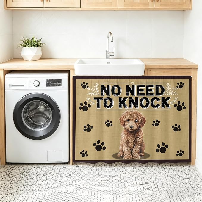 NO Need to Knock Oven Skirt Curtain for Kitchen Decor 28"x35", Poodle Dog Paw Prints Pet Lover Farmhouse Self Adhesive Stove Curtains Skirt Cabinet Curtains for Bathroom Laundry Room