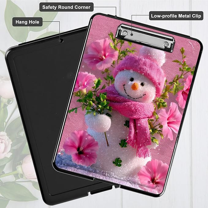 Heavy Duty Storage Clipboard, Slim Nursing Clipboard with Internal Pen Case, Portable File Organizer Case for A4 Letter Size Paper Office Medical Professionals, Pink Flower Snowman