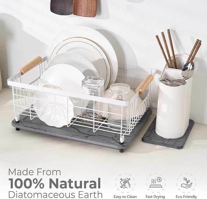 Dish Drying Mat for Kitchen Counter, Drying Matt Kitchen Counter+Sink Caddy | 100% Natural Diatomite Stone, Quick Drying, Non-Toxic, BPA-Free, Eco-Friendly Stone Dish Drying Mat (15.7x11.8" & 8"x4")