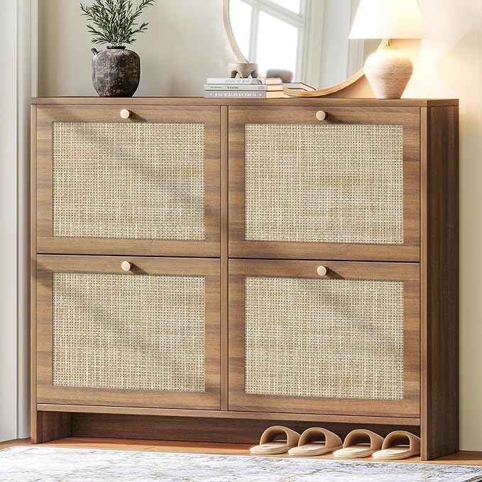 Shoe Cabinet Storage for Entryway, 4-Flip Drawer Narrow Shoe Rack with Adjustable Shelves, Boho Modern Square Rattan Shoe Organizer, Slim Wood Storage Cabinets for Small Spaces Fits Size 13.5