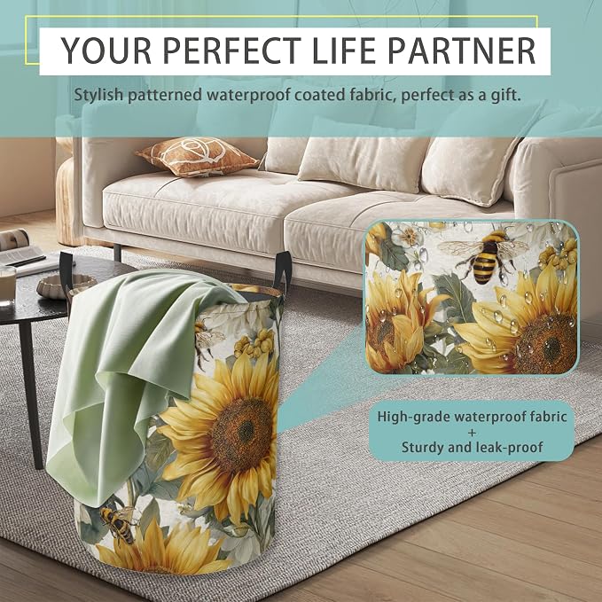 Laundry Hamper Foldable Oxford Cloth Sunflower Bee Laundry Basket With Handle Portable Clothes Storage Organizer Basket Storage Bag For Laundry Room/Bedroom/Bathroom