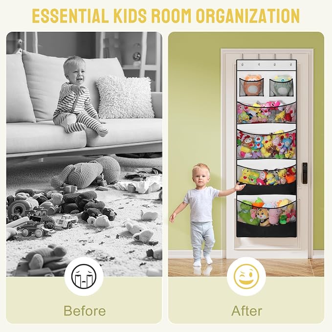 Yecaye Stuffed Animal Storage, Hanging Organizer for Stuffed Animals with 6 Expandable Mesh Net Pockets, Stuffed Animal Hammock, Over the Door Organizer, Black