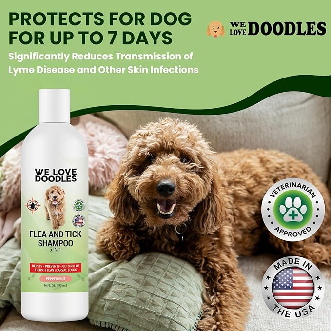 We Love Doodles Flea Shampoo for Dogs - Stops Fleas & Ticks for Dogs, Natural, Safe & Effective Lice Treatment, Soothing Shampoo for Sensitive Skin, Manufactured in USA, 16 oz