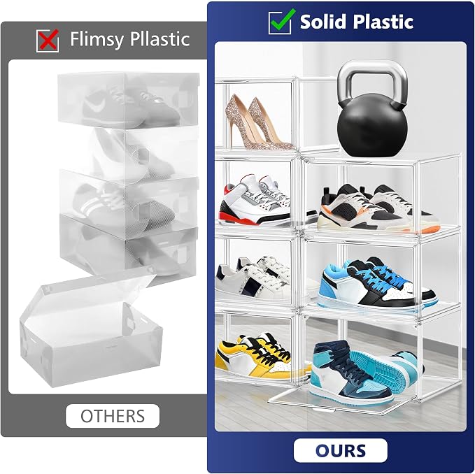 2 Pack Acrylic Clear Shoe Storage Boxes, Fits Up to Men's Size 12 | Transparent Display Case for Sneaker Collections, Baseball Caps, Hat Organizer Dust-free Shoe Cubbies Stackable Sneaker Boxes