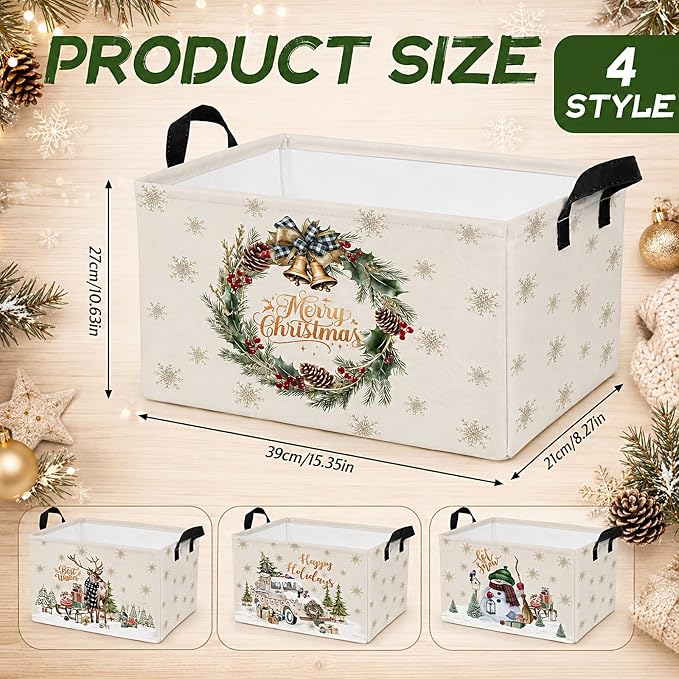 4 Pcs Christmas Storage Basket for Gifts Empty Large Christmas Storage Bins 15 x 10 x 8 Fabric Laundry Baskets with Handle Xmas Collapsible Organizer Boxes for Home Office Gifts Toys Books