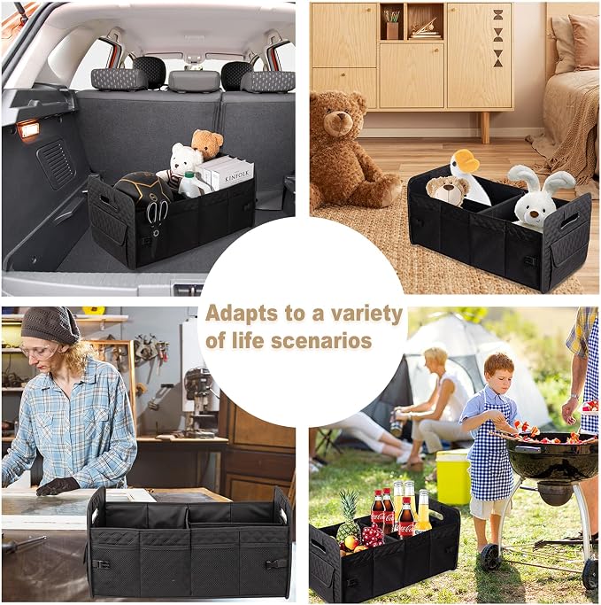 JiatuA Car Trunk Organizer for SUV, Collapsible Car Storage Organizer Black | Sturdy, Large Capacity, Diamond Decor, Multi Compartment Container Box Adjustable Car Accessories for Sedan Truck