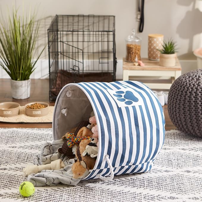 Bone Dry Pet Storage Collection Striped Paw Patch Bin, Large Round, Navy
