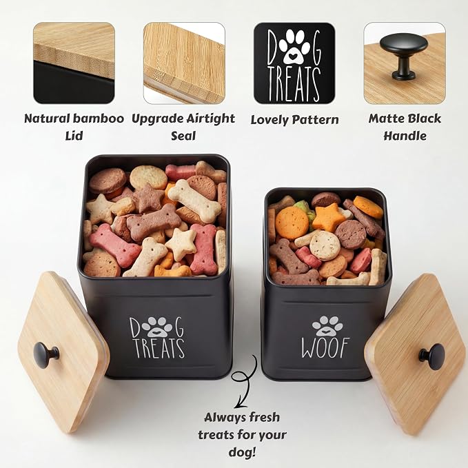 PERFNIQUE Dog Treat Container, Airtight Dog Treat Jar Set of 2, Dog Cookie Jar for kitchen Counter, Pet Treat Container, Dog Treat Canister and Storage, 7.8x6.2 & 7.3x5.5(Black)