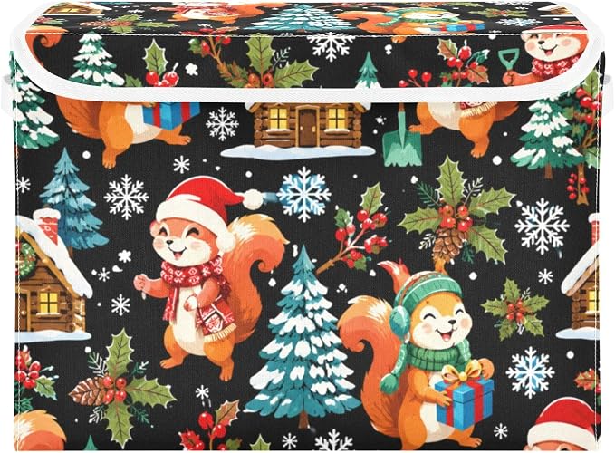 Storage Bins with Lid Christmas Squirrel Foldable Storage Boxes 40L Baskets | Decorative Storage Boxes, 300D Oxford Cloth, Hollow Board Frame, Flip Top Velcro Lid, 16.5x12.6x11.8 inch, Collapsible Design
