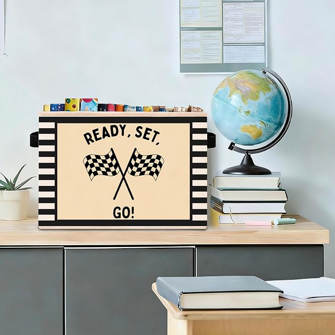Racing Storage Bin, Checkered Flag Black White Stripe Fabric Basket | Foldable racing flag fabric organizer for nursery, bedroom, playroom, toys, books, and clothes