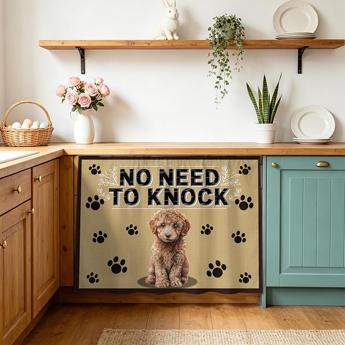 NO Need to Knock Oven Skirt Curtain for Kitchen Decor 28"x35", Poodle Dog Paw Prints Pet Lover Farmhouse Self Adhesive Stove Curtains Skirt Cabinet Curtains for Bathroom Laundry Room