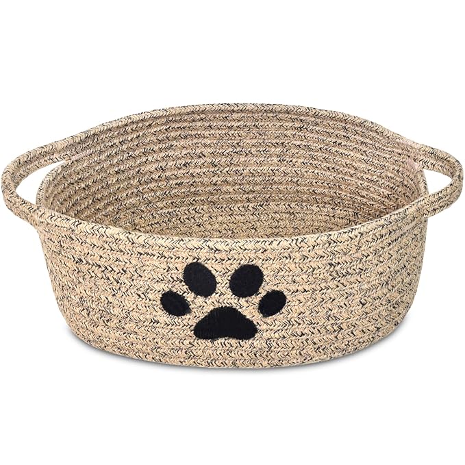 ABenkle Small Woven Basket with Handle, Cute Dog Paw Baskets for Gifts Empty, Decorative Rope Woven Storage Dog Toy Basket, Nursery Baskets for Baby Shower, 12" x 8" x 5"