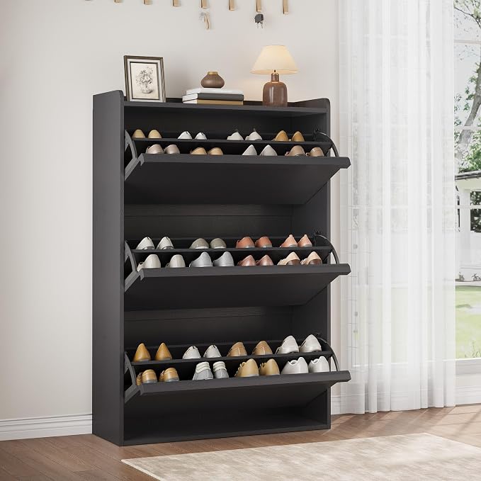 GarveeHome Shoe Cabinet with 3 Flip Drawers, Wooden Shoe Organizer Cabinet with Adjustable Shelf, Shoe Storage for Entryway, Hidden Shoe Cabinet for Hallway, Living Room, Black