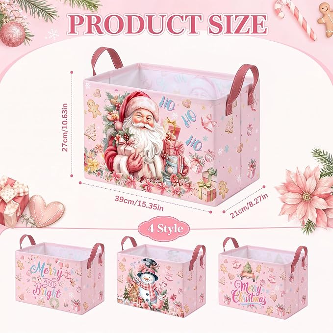 4 Pack Pink Christmas Storage Basket Collapsible Large Merry Christmas Santa Claus Storage Bins for Gifts Canvas Laundry Basket Foldable Box with Handle for Office Home Bedroom Clothes Toys