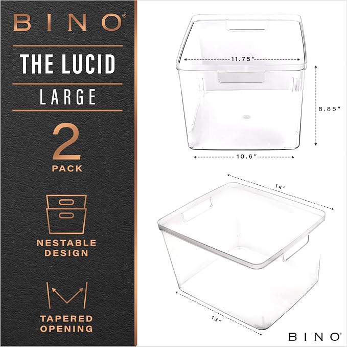 BINO | Plastic Bins, Large - 2 Pack | THE LUCID COLLECTION | Multi-Use| Built-In Handles | BPA-Free | Clear Storage Containers | Fridge Organizer | Pantry & Home Organization