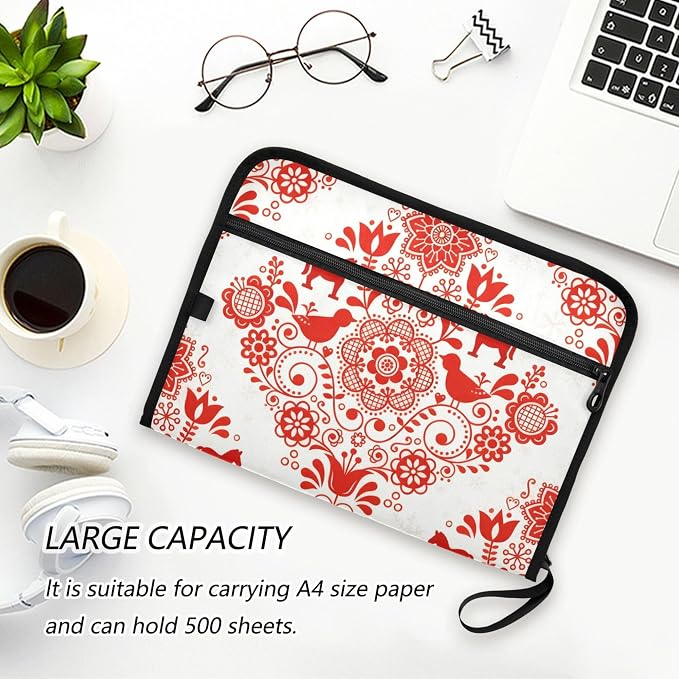 Red Nordic Folk Art Pattern Expanding File Folder with Sticky Labels, 13 Pockets Accordion File Folder Document Organizer Expandable Zip File Folder with Zipper Closure
