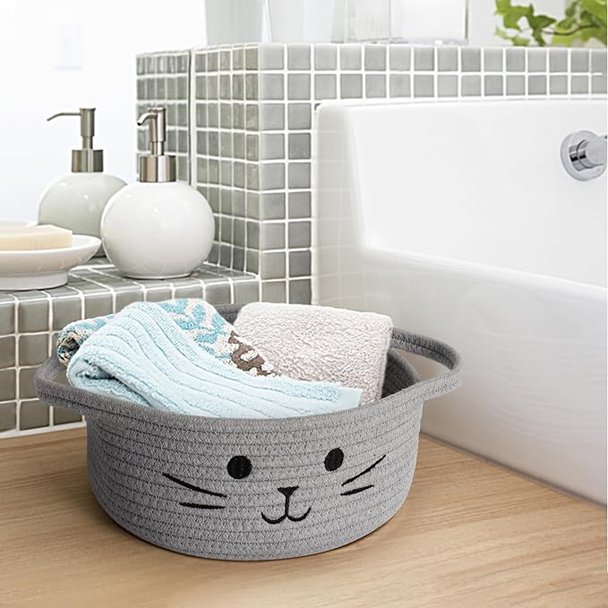 Small Cat Toy Basket, 10”x10”x4” Gray Cotton Rope Storage Bin with Handles, Woven Cat Organizer Box for Indoor Pets, Cute Kitty Easter Basket Gifts Empty, Living Room Nursery Decor
