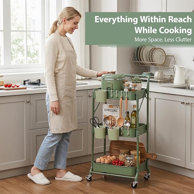 Amatic 3-Tier Folding Rolling Utility Cart with Wheels, Metal Foldable Storage Cart Organizer with 3 Hanging Cups & 6 Hooks for Kitchen, Office, Living Room, Nursery(Green)