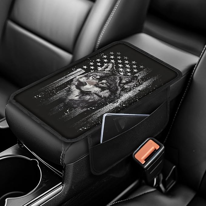 Howilath Car Console Cover, Arm Rest Cover for Car with Storage Pockets | Vintage Flag Wolf Elastic Strap Install, No Tools Needed, Washable, Protects Armrest from Pet Claws and Dirt