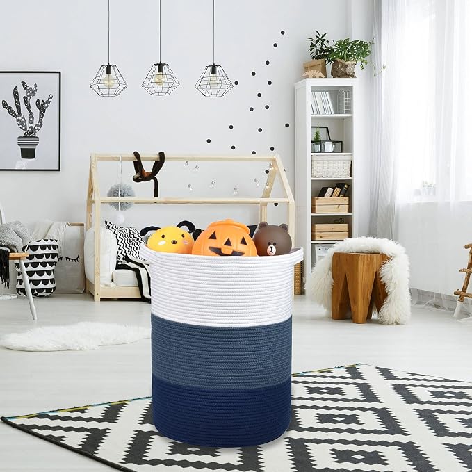 Cotton Rope Blanket Basket, 72L Tall Laundry Hamper, White & Blue