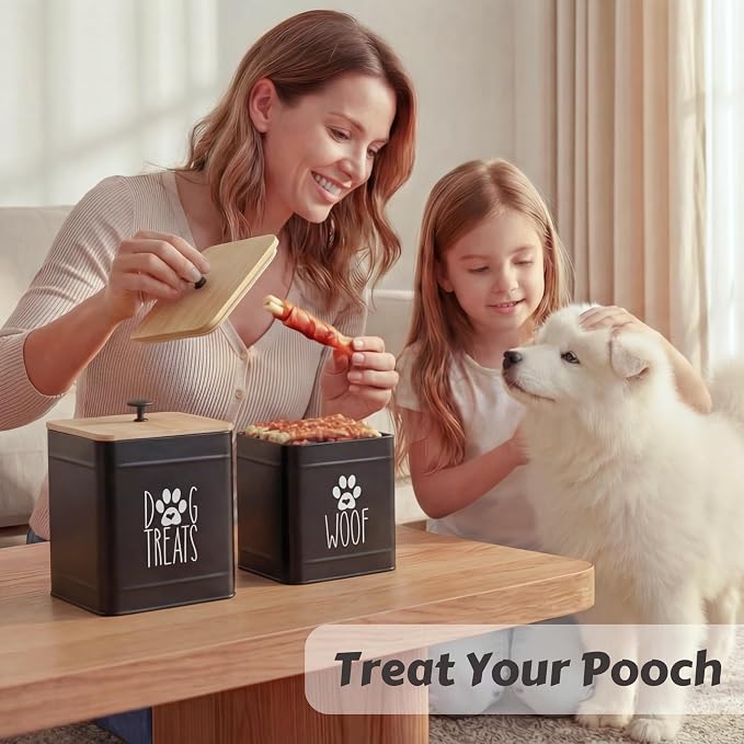 PERFNIQUE Dog Treat Container, Airtight Dog Treat Jar Set of 2, Dog Cookie Jar for kitchen Counter, Pet Treat Container, Dog Treat Canister and Storage, 7.8x6.2 & 7.3x5.5(Black)