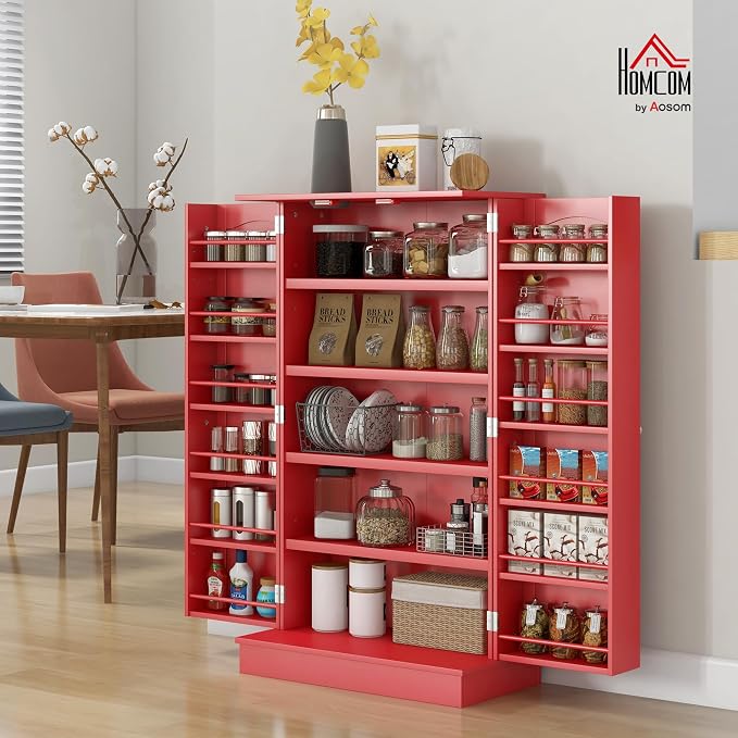 HOMCOM 41" Kitchen Pantry Storage Cabinet 12 Door Shelves Double Doors Red | Freestanding Kitchen Cabinet, 2 Doors, 5-Tier Shelving, Adjustable Shelves