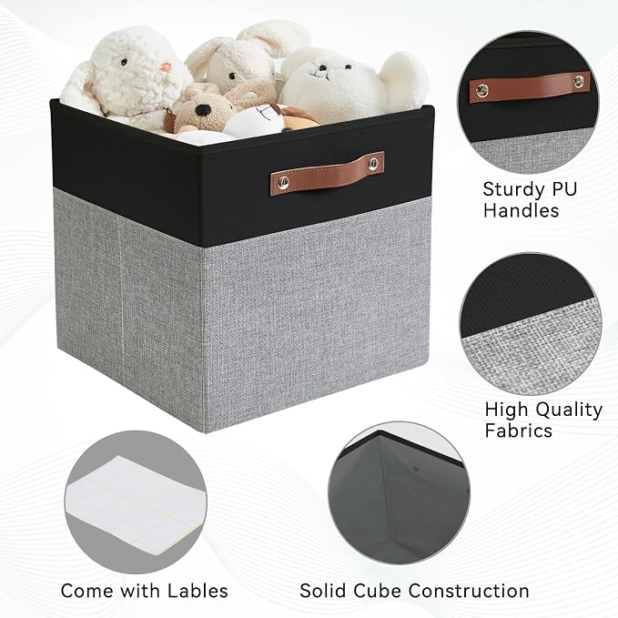 13x15x13 Storage Cube Bins, Foldable Storage Organizer Baskets, Fabric Cube Storage Boxes with 2 Reinforced PU Handles for Kallax, Shelves, Living Room | 4 Pack, Black & Gray