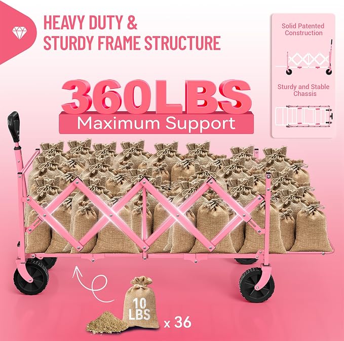 43'' Extra Long Folding Wagon with Extended Tailgate, Pink | Wagons Carts Foldable, 360LBS Heavy Duty, Compact Portable, Utility Collapsible for Shopping/Beach/Garden/Camping/Sports