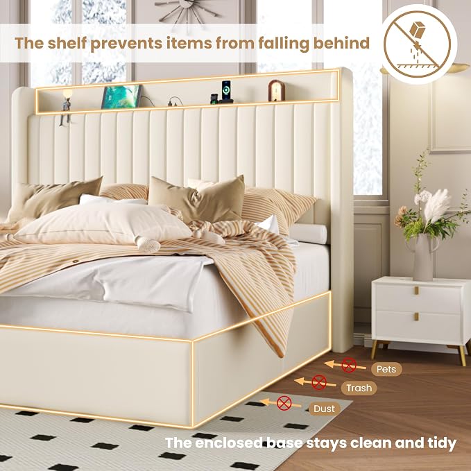 SHA CERLIN Full Size Lift Up Storage Bed Frame, Charging Station, Cream | Storage Headboard with Charging Station, USB, Type-C Port Velvet Hydraulic Storage Bed No Box Spring Needed Noise Free