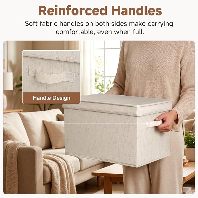 StorageWorks Fabric Storage Bins with Lids, Closet Storage Bins | Lidded Dust-proof, Easy Pull Handles, Foldable, Stackable, Ideal for Clothes Blanket Towel, Jumbo, Rustic Linen, 3-Pack