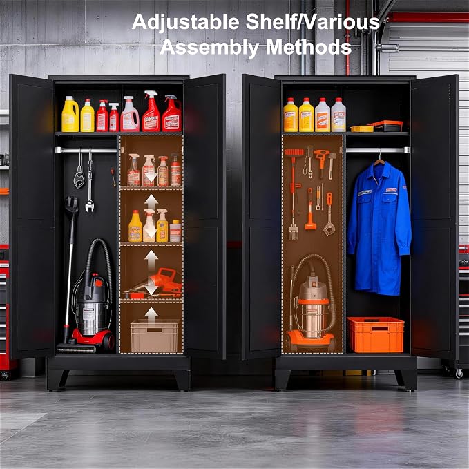 71" H Broom Closet Storage Cabinet,Metal Garage Storage Cabinets,Utility Cabinet,Black Storage Cabinets