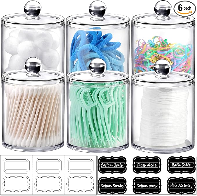 SheeChung 6 Pack Acrylic Qtip Holder with Labels, Qtip Jars for Bathroom | (3) 10oz & (3) 12oz Qtip Holder Set Shatterproof Bathroom Vanity Organizer for Cotton Swabs, Balls, Pads - Minimalist Decor