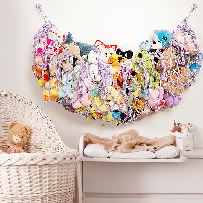 Stuffed Animal Net or Hammock -Wall Mounted-Handmade Macrame Toy Hammock Organizer Stuffed Animal Display Plush Toys Holder Boho Decor for Nursery Playroom Purple