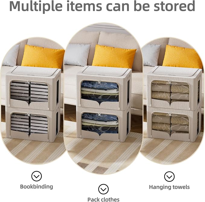 FHSQX 3 Pack Clothes Storage Bins with Metal Frame | 15.7x11.8x9.8inch (30L),Foldable, Stackable, Linen Fabric, Carrying Handles, Clear Window