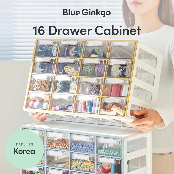 Blue Ginkgo 16-Drawer Storage Cabinet Organizer, Blue, Made in Korea | Stackable. Adjustable. Easy Visibility.