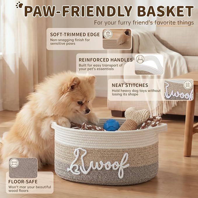 OIAHOMY 14L Large Dog Toy Basket, 16.1"x9.5"x7" Cotton Rope Basket with Cute Woof Embroidery, Soft Woven Pet Toy Box with Handles for Blankets, Leashes & Puppy Accessories, Decorative Organizer Brown