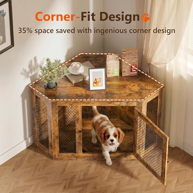 44" Corner Dog Crate Furniture, Wooden Dog Kennel Indoor | Corner Dog Kennel Furniture for Medium-Large Dogs, Brown Space-Saving Decorative Indoor Pet House with Mesh Door & Lock