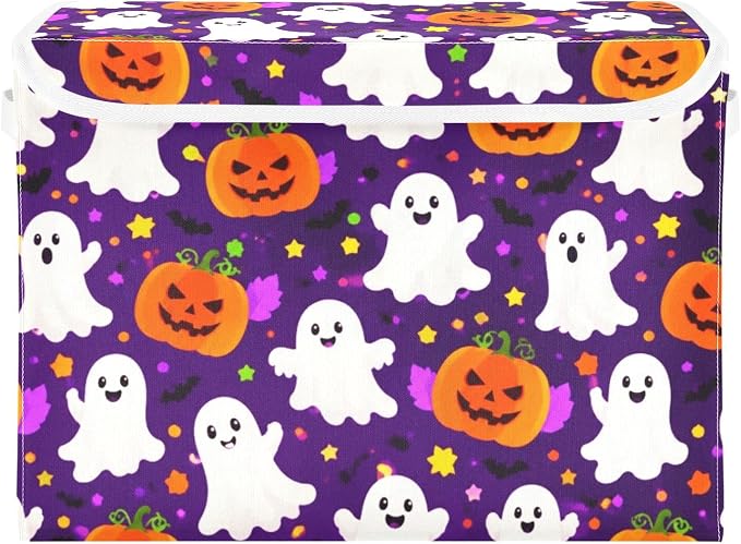 Halloween Pumpkin Storage Bins with Lids Closet Bedroom 40L Storage Basket | Decorative Storage Boxes, Foldable & Stackable, Dust-Proof Flip Top, Reinforced Handles, For Home & Dorm, Clothes & Toy Box