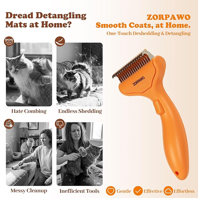 Undercoat Rake & Self-Cleaning Deshedding Brush for Dogs & Cats, Removes Mats & 95% Loose Hair, Grooming Tool for Long Hair Pets - Orange