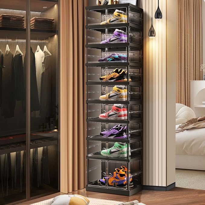 CIMLORD 9-Tier Foldable Shoe Rack, Magnetic Clear Doors, 18 Pairs, Black | Collapsible Narrow Plastic Shoe Cabinet, Stackable, Lidded, Tool-Free Assembly, Fits Boots & Sneakers, Closet & Entryway